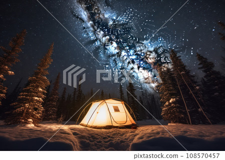 Camping tent under the night sky with stars and Milky Way in forest. Generative AI 108570457