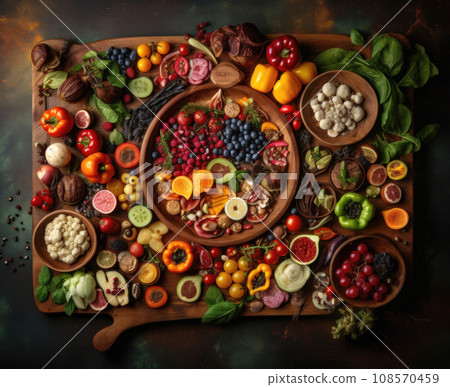 Top view of tray with fresh fruit, vegetables, herbs and spices. Generative AI Top view of tray with fresh fruit, vegetables, herbs and spices. Generative AI 108570459