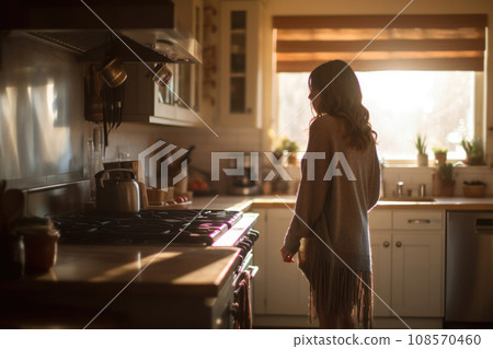 Young woman stands thoughtfully in nostalgic kitchen. Generative AI Young woman stands thoughtfully in nostalgic kitchen. Generative AI 108570460