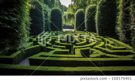 Hedge maze on a park at sunny day. Generative AI Hedge maze on a park at sunny day. Generative AI 108570461