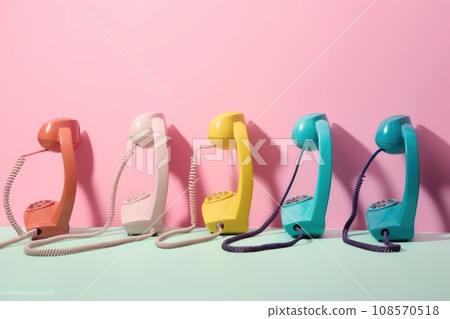 Retro phones in different pastel colors in row over pink background. Generative AI Retro phones in different pastel colors in row over pink background. Generative AI 108570518