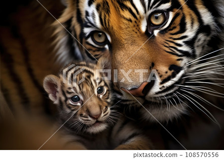 Tiger cub with its mother close up. Generative AI Tiger cub with its mother close up. Generative AI 108570556