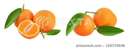 Tangerine or clementine with green leaf isolated on white background with full depth of field. 108570696