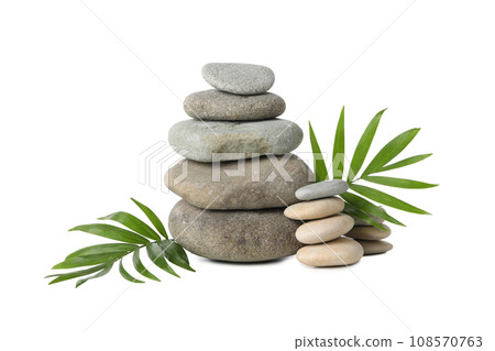PNG, Stones and tropical leaves, isolated on white background 108570763