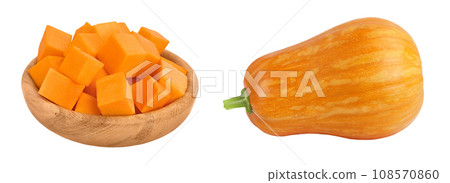 butternut squash diced in wooden bowl isolated on white background with full depth of field butternut squash diced in wooden bowl isolated on white background with full depth of field 108570860