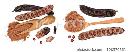 Carob pod and powder in wooden scoop isolated on white background. Top view. Flat lay 108570861