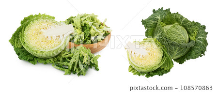 Savoy cabbage half and chopped in wooden bowl isolated on white background with full depth of field 108570863
