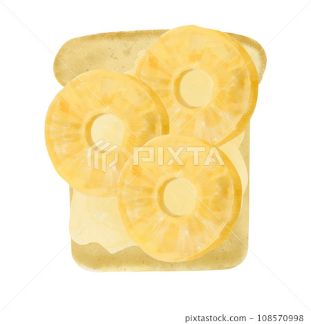 Toast with bruschetta and juicy pineapple, watercolor food illustration isolated on white background. Healthy sweet vegetarian breakfast 108570998