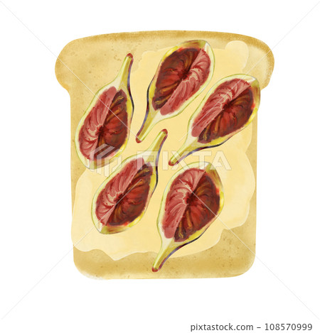 Toast with bruschetta and ripe figs, watercolor food illustration isolated on white background. Healthy sweet vegetarian breakfast, sandwich Toast with bruschetta and ripe figs, watercolor food illustration isolated on white background. Healthy sweet vegetarian breakfast, sandwich 108570999