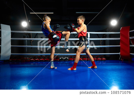 Two boys, kids, kickboxers, professional martial arts sportsmen performing kicks on ring at gym. Concept of sport. Two boys, kids, kickboxers, professional martial arts sportsmen performing kicks on ring at gym. Concept of sport. 108571076