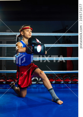 Serious boy, kickbox pupil, martial arts sportsman wearing uniform and gloves stands on knee and posing before fighting. Serious boy, kickbox pupil, martial arts sportsman wearing uniform and gloves stands on knee and posing before fighting. 108571077