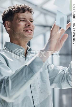 Businessman, sticky notes and work schedule for project planning Businessman, sticky notes and work schedule for project planning 108571471