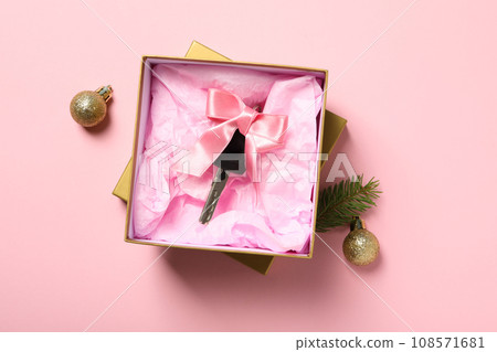 A car key in a box with Christmas decorations. A car key in a box with Christmas decorations. 108571681