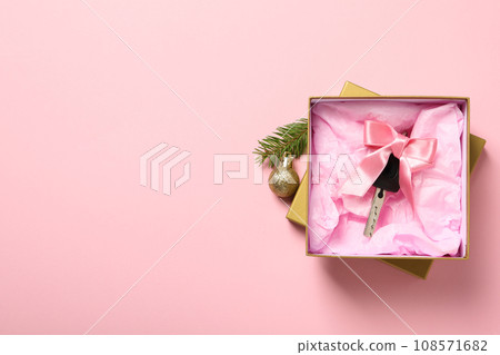 A car key in a box with Christmas decorations. 108571682