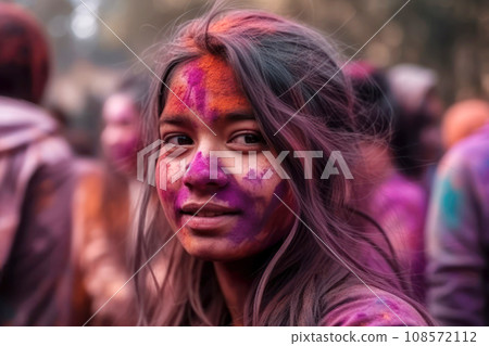 Pretty woman with colorful paint on face at holi festival. Generative AI 108572112