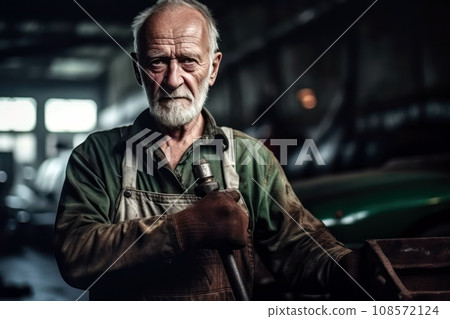 senior man mechanic at factory. Generative AI 108572124