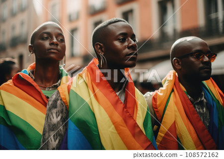 African american men and woman walking on street with rainbow flags. Generative AI 108572162