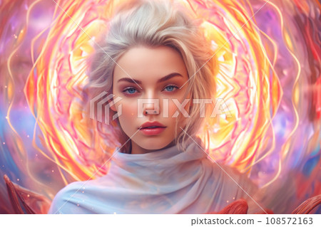 beautiful woman in white with purple flames of energy explosions around her. Generative AI 108572163