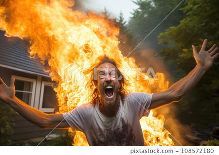 old man crazy arsonist in front of a burning building. Generative AI 108572180