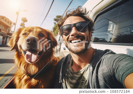 man and his golden retriever taking a joyful selfie. Generative AI man and his golden retriever taking a joyful selfie. Generative AI 108572184