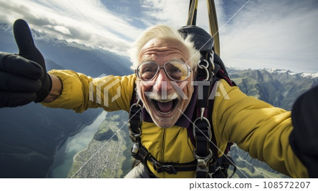 Excited elderly man in yellow jumpsuit skydiving with a thumbs-up. Generative AI 108572207