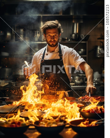 Professional chef cooking with flaming pan in a bustling kitchen. Generative AI 108572213