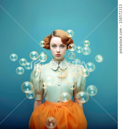 Pretty young woman and floating soap bubbles around over blue background. Generative AI 108572313
