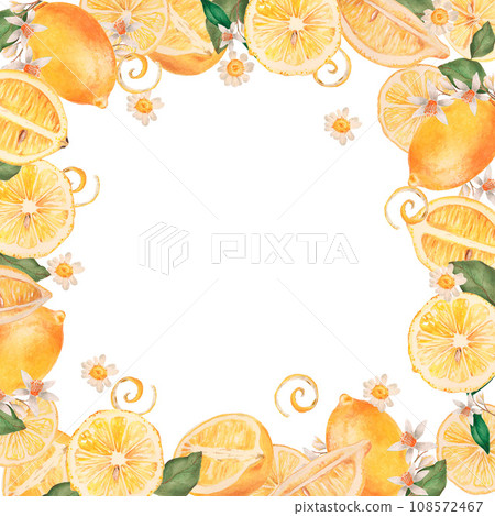 Frame of watercolor lemons and flowers 108572467
