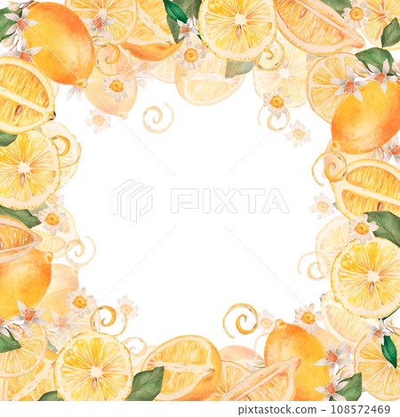Frame of watercolor lemons and flowers 108572469