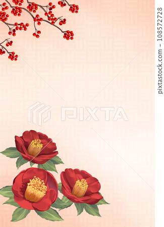 Japanese-style background of camellia and southern sky - winter greetings 108572728