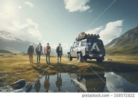 Group of best friends on top of the mountain enjoy the beautiful view. Group of best friends on top of the mountain enjoy the beautiful view. 108572822