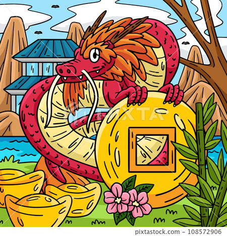 Year of the Dragon Holding Coin Colored Cartoon Year of the Dragon Holding Coin Colored Cartoon 108572906