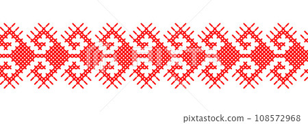 Ukrainian red ornament for textile, fabric, cloth. Vector seamless pattern, print. Ukrainian folk, ethnic ornament. Pixel art vyshyvanka, cross stitch 108572968