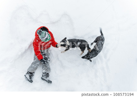 Child in red jacket sits in the snow with dogs on snow angel background. Rescue Dogs concept. Top view. Child in red jacket sits in the snow with dogs on snow angel background. Rescue Dogs concept. Top view. 108573194