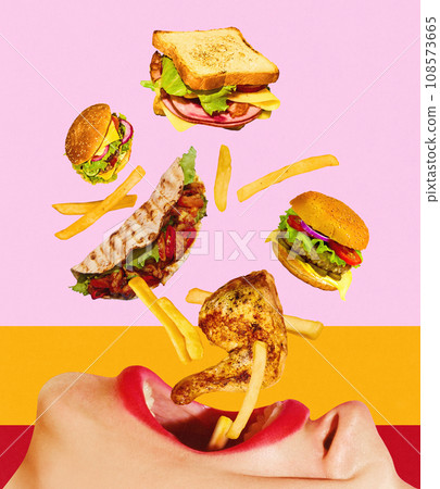 Giant female mouth tasting junk food. Burger, sandwich, burrito and fries falling into open mouth. Contemporary art collage. Poster. Fast and street food Giant female mouth tasting junk food. Burger, sandwich, burrito and fries falling into open mouth. Contemporary art collage. Poster. Fast and street food 108573665
