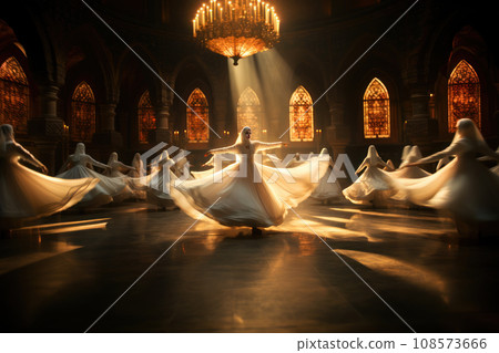Authentic dervishes dancers performing in ancient Muslim palace. Generative AI Authentic dervishes dancers performing in ancient Muslim palace. Generative AI 108573666