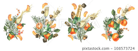 Christmas collection with levitation tangerines, sweets, spices, champagne and plants. Watercolor illustration, hand drawn for holiday decor. Set of Isolated compositions on a white background. Christmas collection with levitation tangerines, sweets, spices, champagne and plants. Watercolor illustration, hand drawn for holiday decor. Set of Isolated compositions on a white background. 108573724