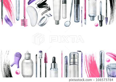 Tools and cosmetics for the master of eyelash and eyebrow extension and lamination. Watercolor illustration, hand drawn. Frame, template on a white background 108573784