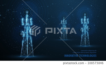 Abstract antenna mast on blue. 5G technology, telecommunication industry Abstract antenna mast on blue. 5G technology, telecommunication industry 108573846