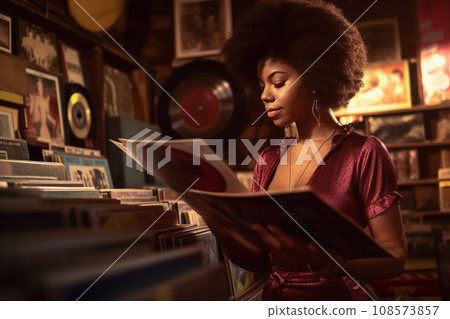 Beautiful young afro-american woman browsing vinyl records in a music store. Generative AI. 108573857