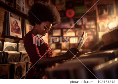 Woman Selecting Vinyl Records Music Store, Female Browsing Record Shop Collection, Vinyl Enthusiast at Music Store. Generative AI. 108573858