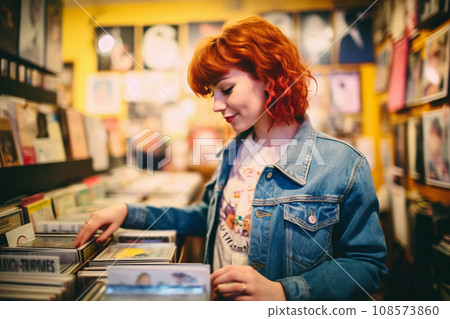 Vinyl Record Shopping Woman. Generative AI. 108573860