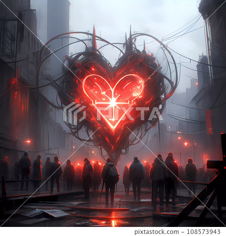 Cyberpunk Retro Futuristic Heart with Neon Lights Cyberpunk Retro Futuristic Heart with Neon Lights 108573943