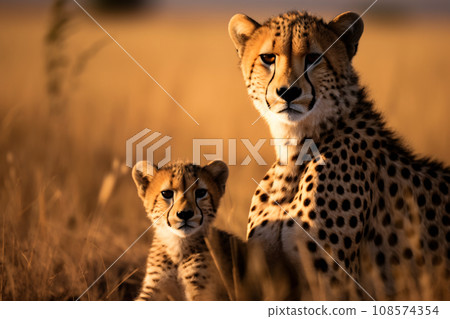 Lovely cheetah family, mother with a cheetah cub sitting looking at the camera, in savanna grassland. Generative AI Lovely cheetah family, mother with a cheetah cub sitting looking at the camera, in savanna grassland. Generative AI 108574354