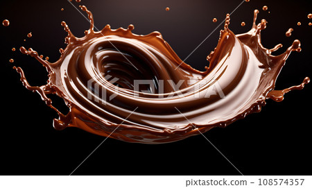 Melted chocolate splash, swirl circle shaped chocolate floating in mid air, food background, close up shot. Generative AI Melted chocolate splash, swirl circle shaped chocolate floating in mid air, food background, close up shot. Generative AI 108574357