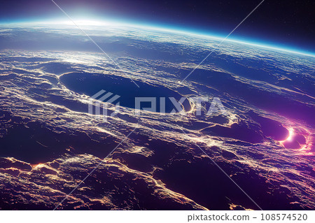 Unveiling the earth's enigmatic beauty. Sun's radiance caressing profound scars from the vantage point of the cosmos. AI-generated 108574520