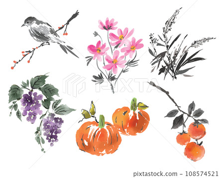 水墨風格的秋季插畫素材集 108574521