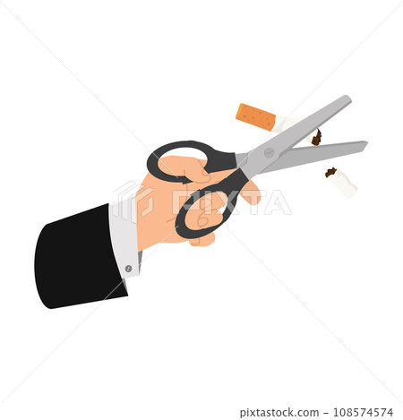 hand holding Scissors cutting half a tobacco cigarette hand holding Scissors cutting half a tobacco cigarette 108574574