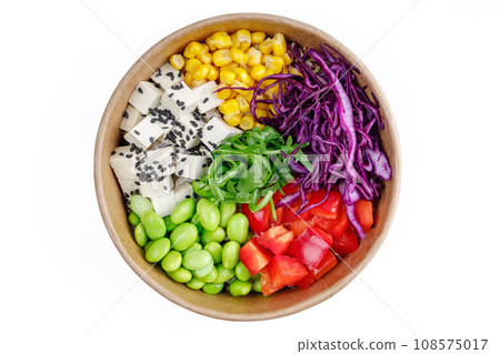 Bowl of tofu and quinoa, bulgur, corn, red cabbage, bell pepper, edamame beans, arugula, black sesame on a white background 1 Bowl of tofu and quinoa, bulgur, corn, red cabbage, bell pepper, edamame beans, arugula, black sesame on a white background 1 108575017