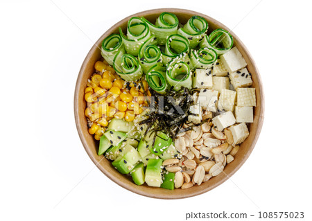 Vegan poke with tofu, avocado, corn, cucumber, peanuts, poke rice, aioli sauce on a white background 2 108575023